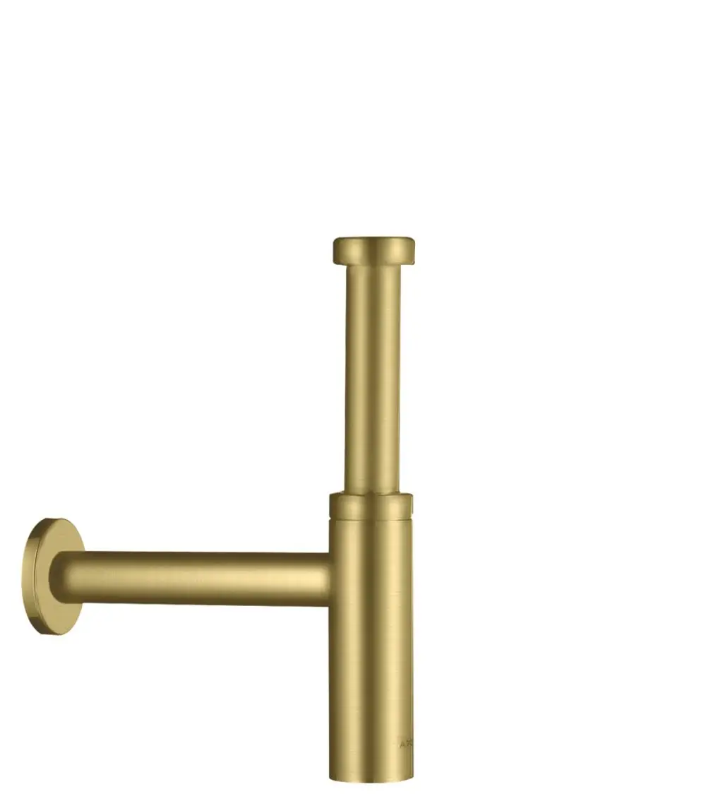 Siphon in gebürstetem Messing mit vertikaler und horizontaler Rohrführung, montiert an der Wand. Produkt von Hansgrohe.